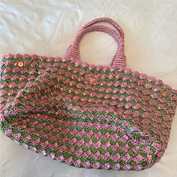 Prada Handbags - PRADA Pink & Green Woven Beach Bag